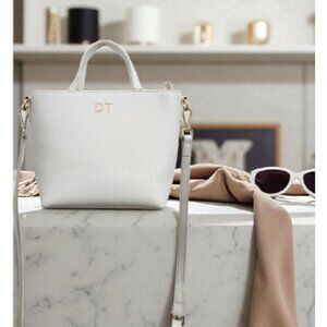 TDE White Structured Leather Tote Bag DT Logo Gold Hardware Crossbody Strap